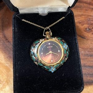 VINTAGE CLOISSONE HEART PENDANT WATCH NECKLACE BY AUSTIN